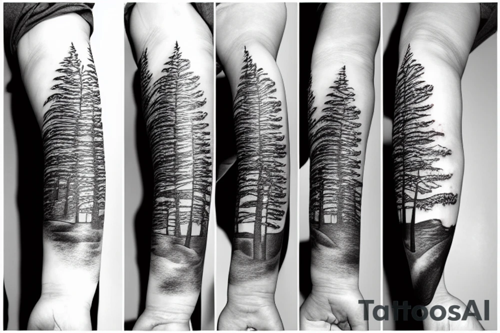 forearm tattoo, arm band style, a snowboarder on the mountain,pine tree, moon tattoo idea