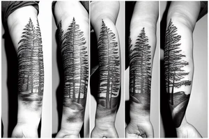 forearm tattoo, arm band style, a snowboarder on the mountain,pine tree, moon tattoo idea