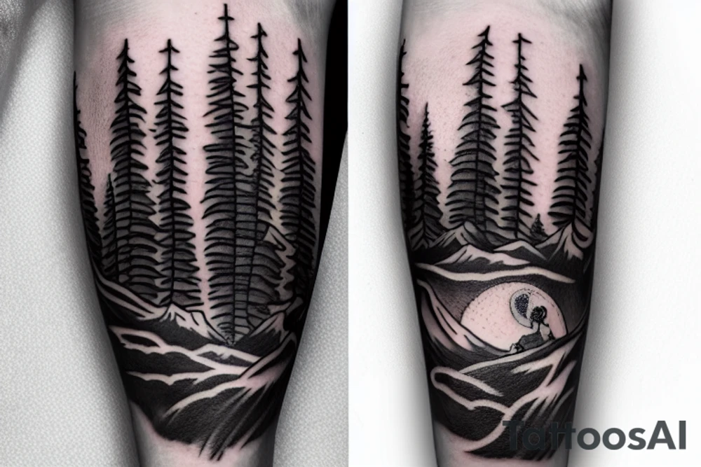 forearm tattoo, arm band style, a snowboarder on the mountain,pine tree, moon tattoo idea