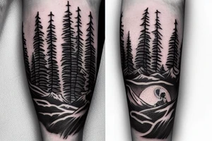 forearm tattoo, arm band style, a snowboarder on the mountain,pine tree, moon tattoo idea