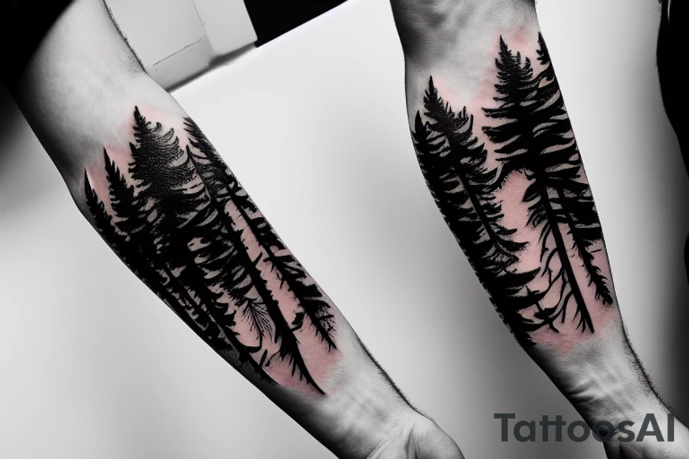 forearm tattoo, arm band style, a snowboarder on the mountain,pine tree, moon tattoo idea