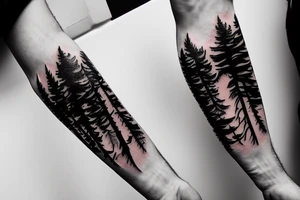 forearm tattoo, arm band style, a snowboarder on the mountain,pine tree, moon tattoo idea