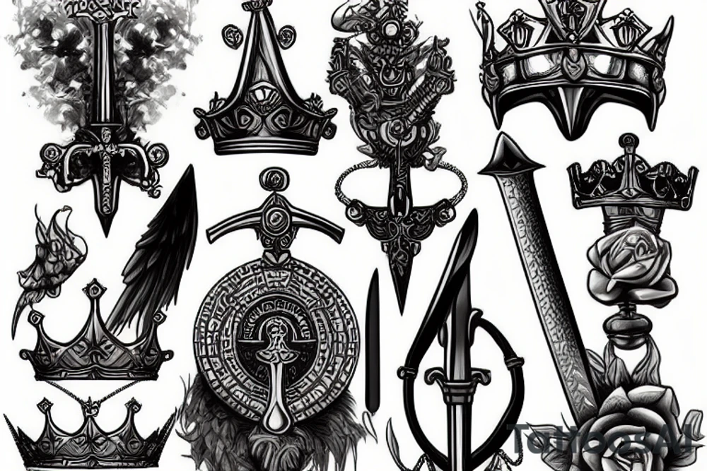 Statues and swords and crowns tattoo idea