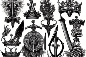 Statues and swords and crowns tattoo idea