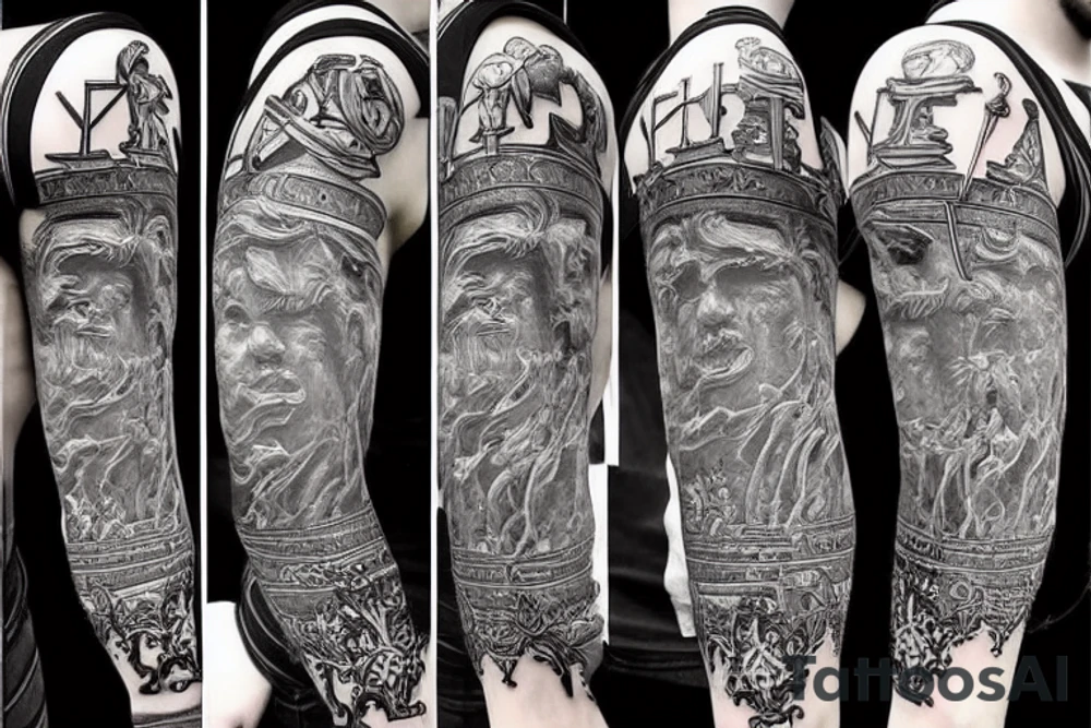 Statues and swords and crowns tattoo idea