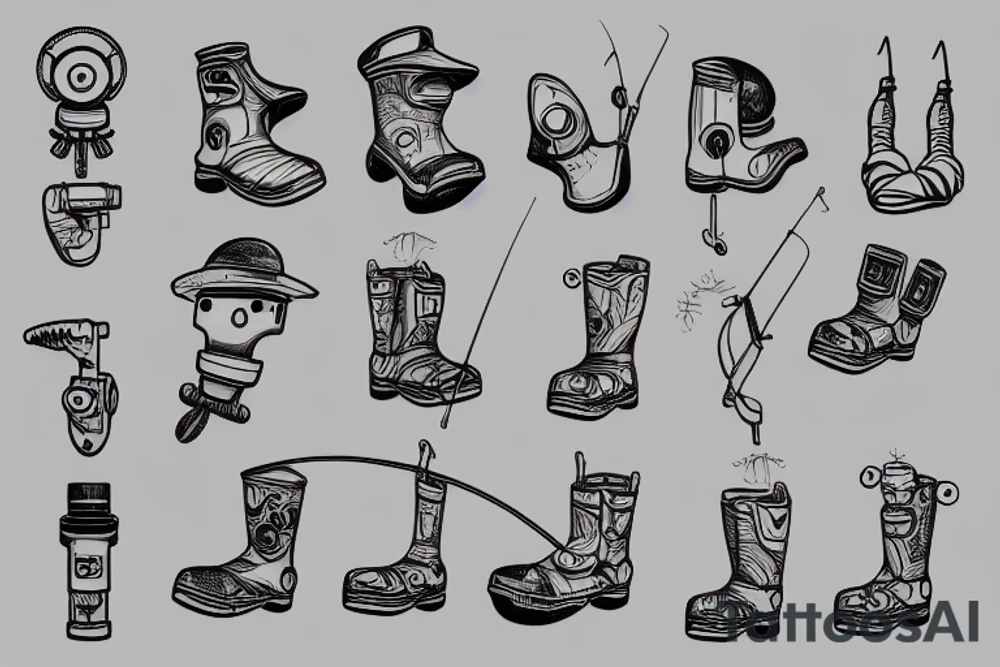 robot in fishing boots and a fishing hat and overalls holding a fishing rod tattoo idea