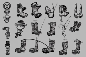 robot in fishing boots and a fishing hat and overalls holding a fishing rod tattoo idea