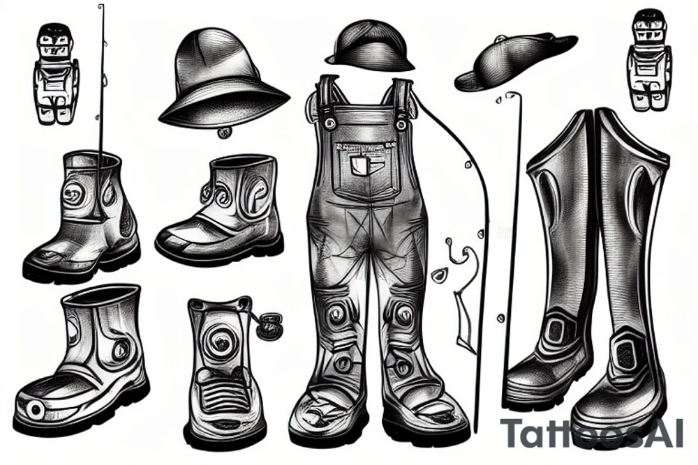 robot in fishing boots and a fishing hat and overalls holding a fishing rod tattoo idea