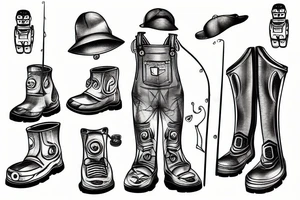 robot in fishing boots and a fishing hat and overalls holding a fishing rod tattoo idea