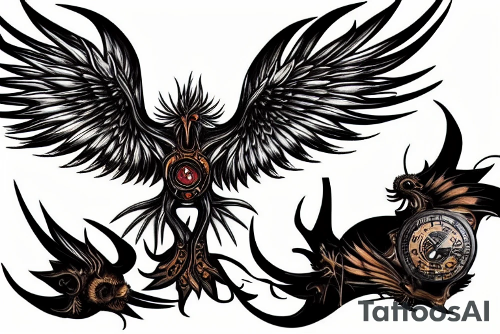 Steampunk phoenix on fire rising from ashes tattoo idea Steampunk phoenix on fire rising from ashes tattoo idea