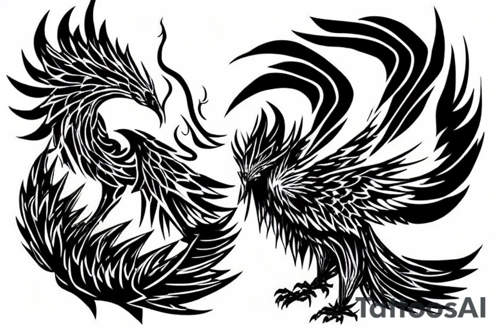 Metal robotic phoenix on fire rising from ashes tattoo idea
