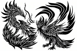 Metal robotic phoenix on fire rising from ashes tattoo idea
