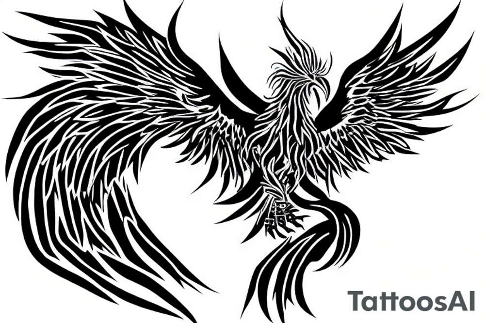 Metal robotic phoenix on fire rising from ashes tattoo idea