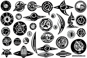 a spaceship logo circular minimal tattoo idea