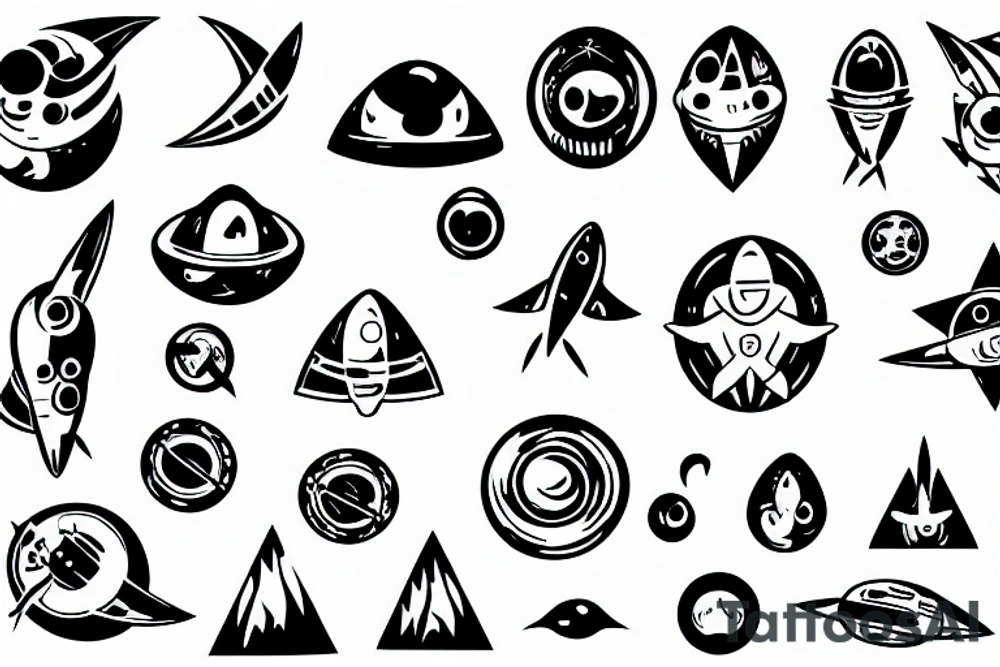 a spaceship logo circular minimal stylized alien shape tattoo idea