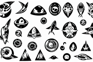 a spaceship logo circular minimal stylized alien shape tattoo idea