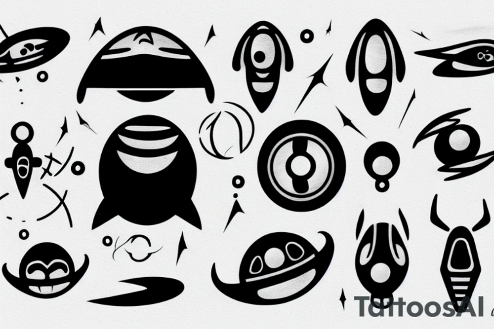 a spaceship logo circular minimal stylized alien shape tattoo idea