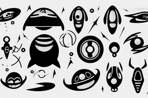 a spaceship logo circular minimal stylized alien shape tattoo idea