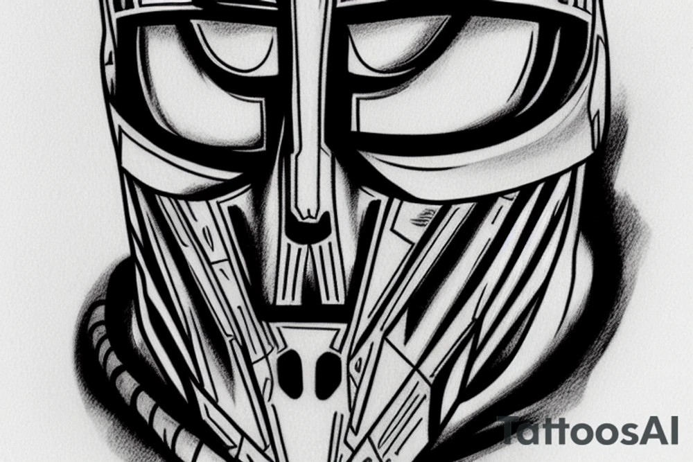 mf doom mask, hyperrealistic tattoo idea