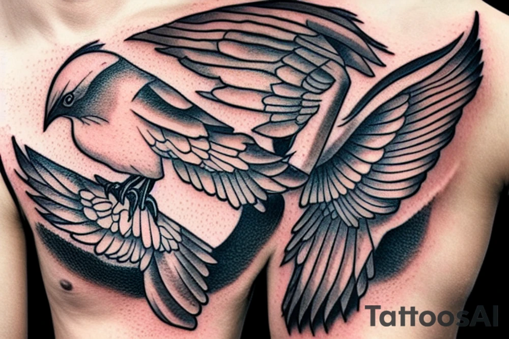 a mockingbird flying with a scroll in its beak tattoo idea