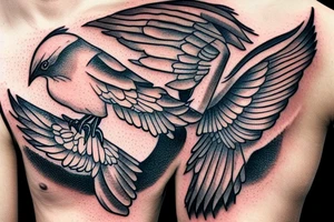 a mockingbird flying with a scroll in its beak tattoo idea