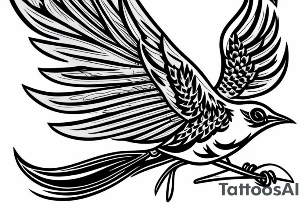 a mockingbird flying with a scroll in its beak tattoo idea