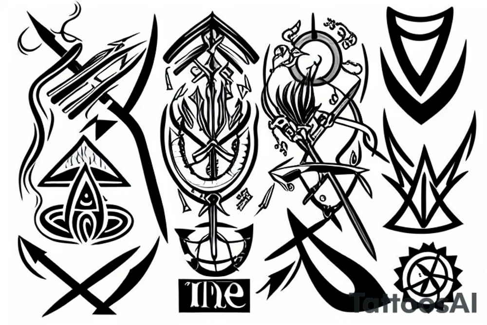 Mixture of trident, axe, arrow and chakra tattoo idea