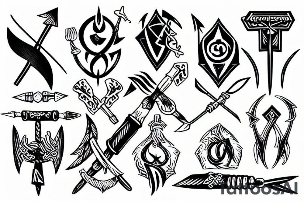 Mixture of trident, axe, arrow and chakra tattoo idea