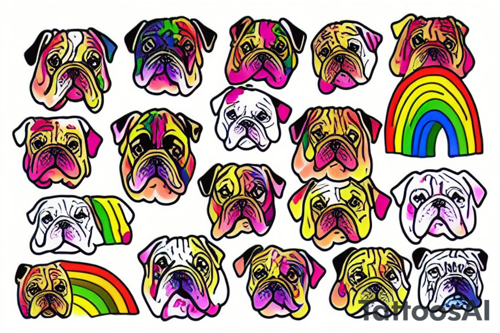 bulldog wearing a rainbow shirt and gold necklace tattoo idea