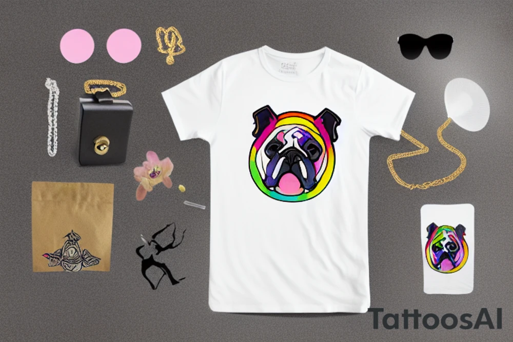bulldog wearing a rainbow shirt and gold necklace tattoo idea