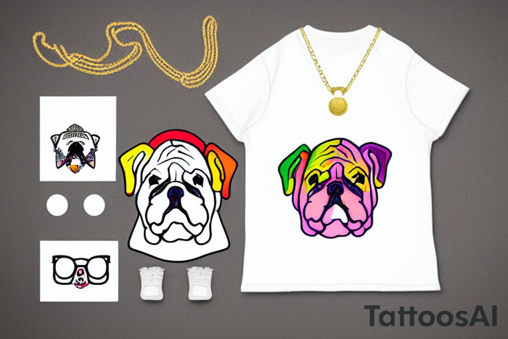 bulldog wearing a rainbow shirt and gold necklace tattoo idea