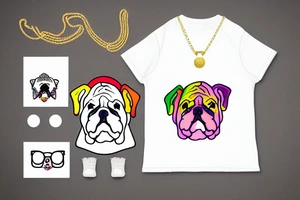 bulldog wearing a rainbow shirt and gold necklace tattoo idea