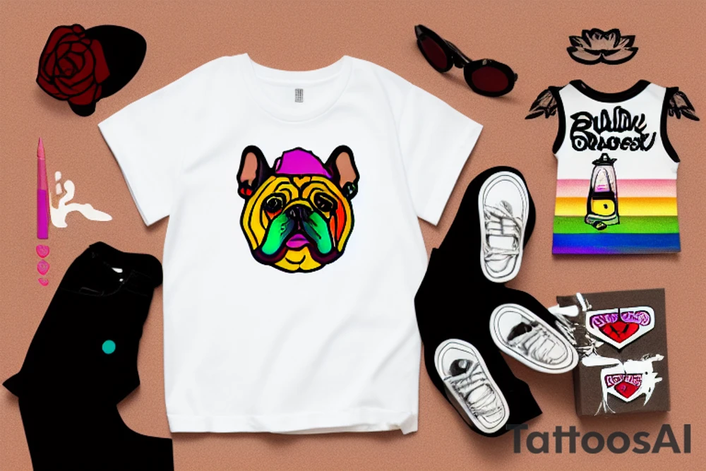 bulldog wearing a rainbow shirt and gold necklace tattoo idea
