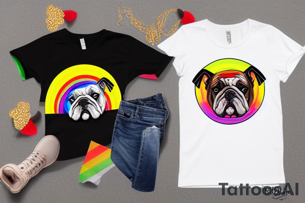 bulldog wearing a rainbow shirt and gold necklace tattoo idea