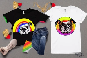 bulldog wearing a rainbow shirt and gold necklace tattoo idea