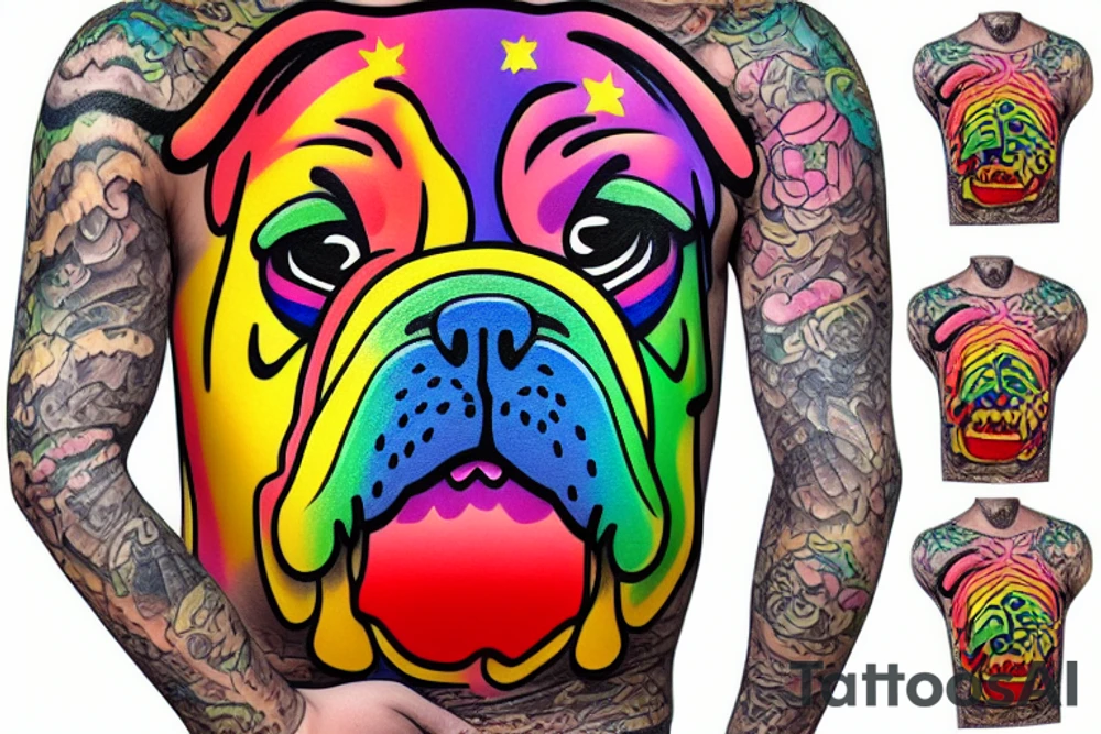 bulldog wearing a rainbow shirt and gold necklace tattoo idea