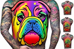 bulldog wearing a rainbow shirt and gold necklace tattoo idea