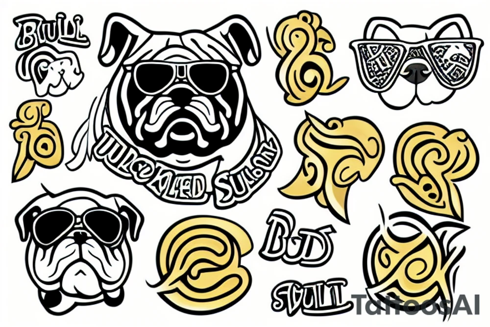 bulldog wearing sunglass and gold necklace tattoo idea