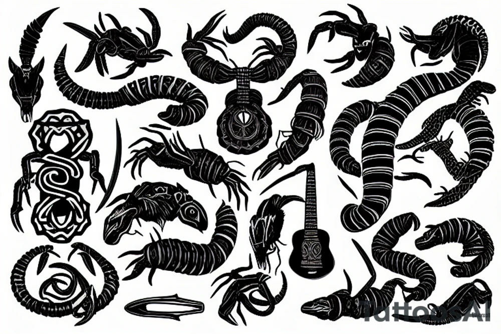 maori, scorpion, music, guitar, blue, red, green, black, metal, tattoo idea