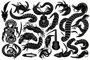 maori, scorpion, music, guitar, blue, red, green, black, metal, tattoo idea