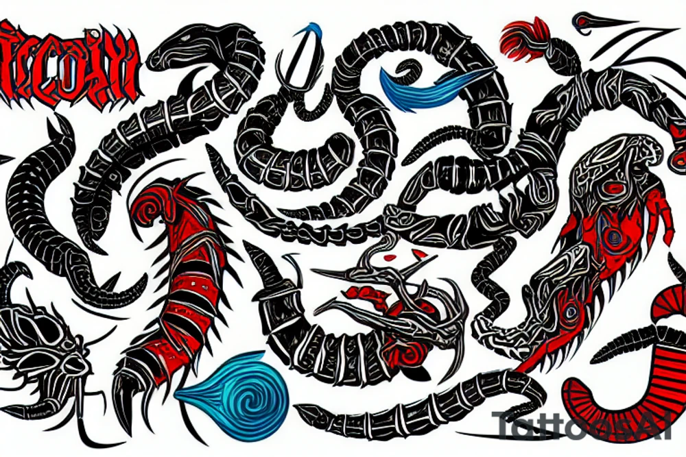 maori, scorpion, music, guitar, blue, red, green, black, metal, tattoo idea