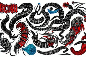 maori, scorpion, music, guitar, blue, red, green, black, metal, tattoo idea