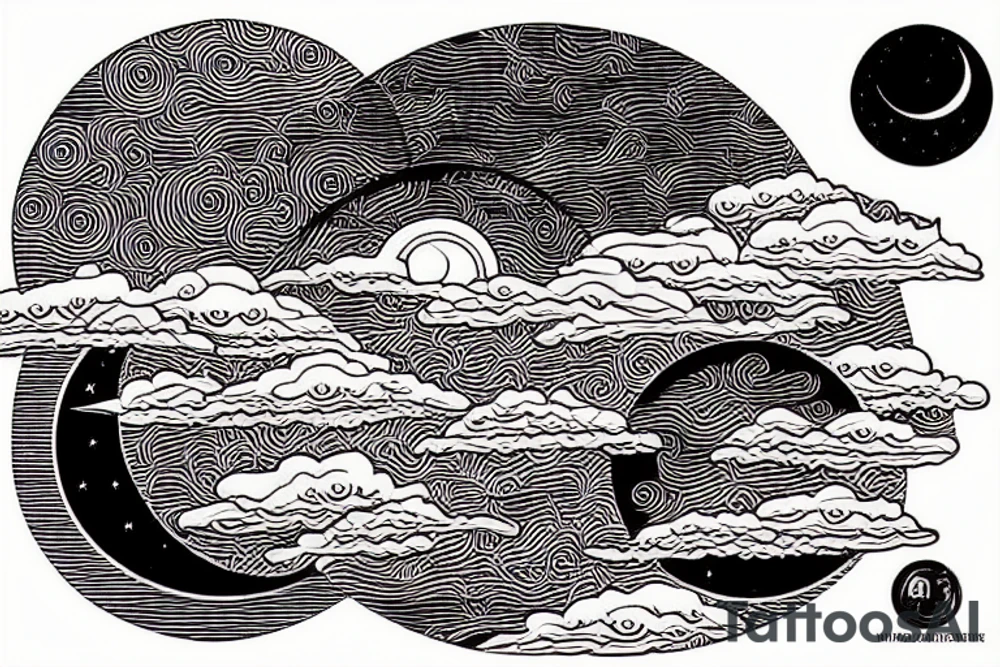 River, clouds, and a moon all in one shape, with the words “no rush” tattoo idea