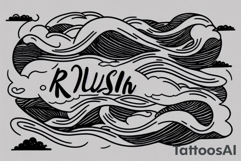 River, clouds, and a moon all in one shape, with the words “no rush” tattoo idea