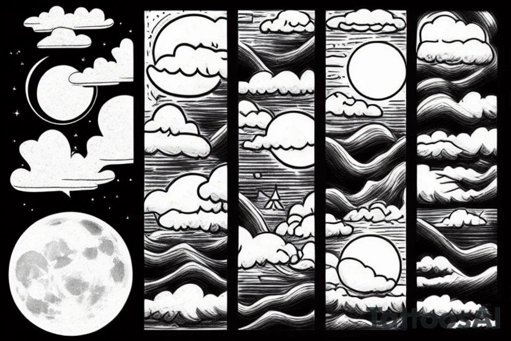 River, clouds, and a moon all in one shape tattoo idea
