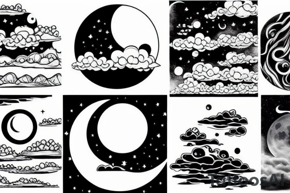 River, clouds, and a moon all in one shape tattoo idea