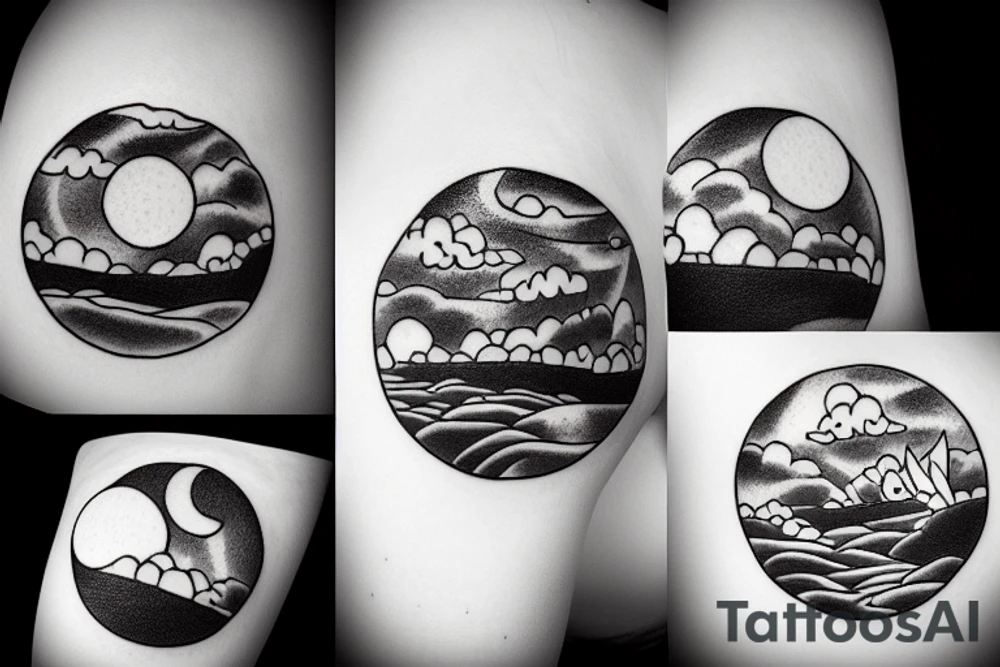River, clouds, and a moon in a circle tattoo idea