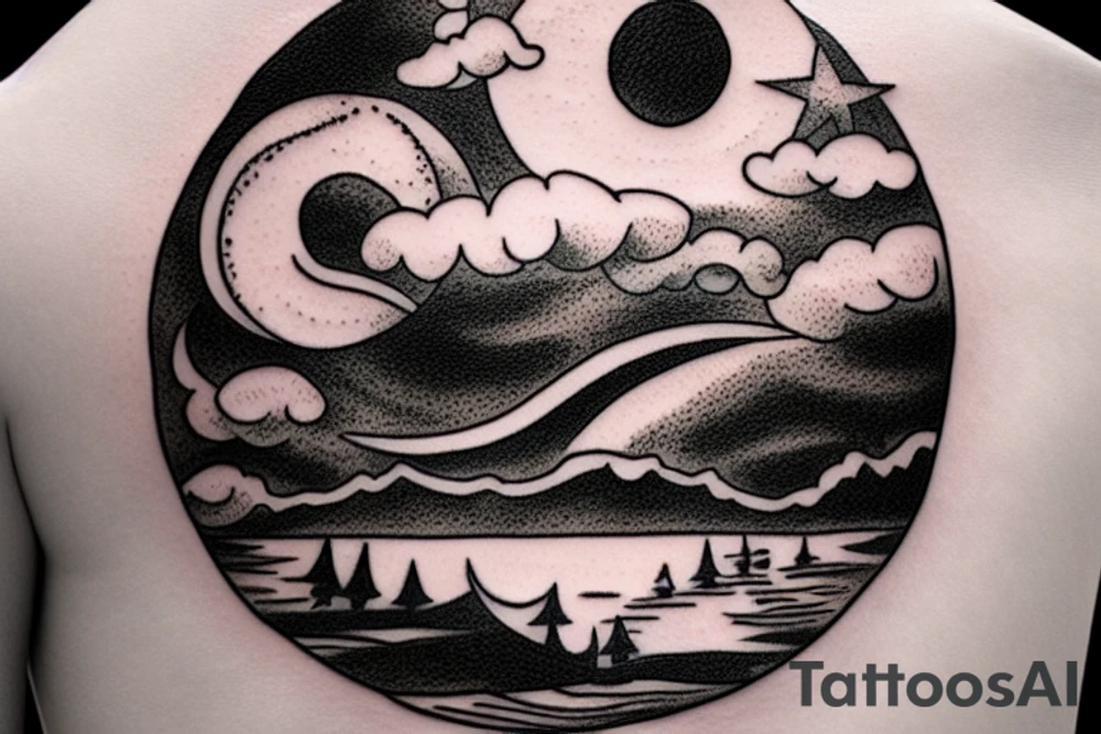 River, clouds, and a moon in a circle tattoo idea