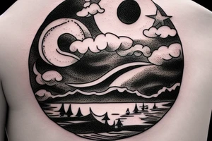 River, clouds, and a moon in a circle tattoo idea