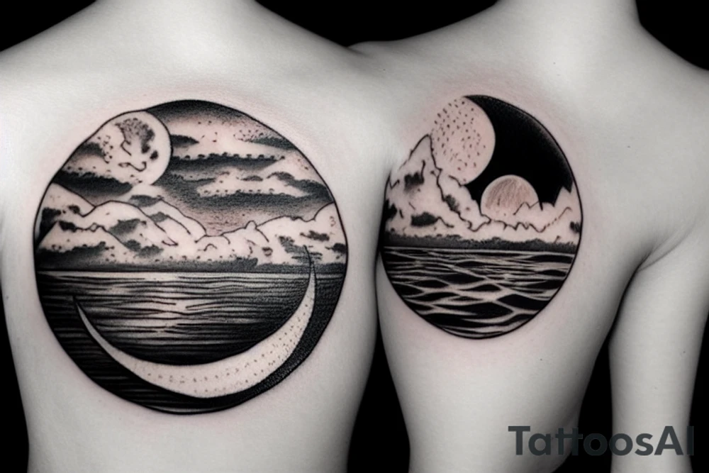 River, clouds, and a moon in a circle tattoo idea